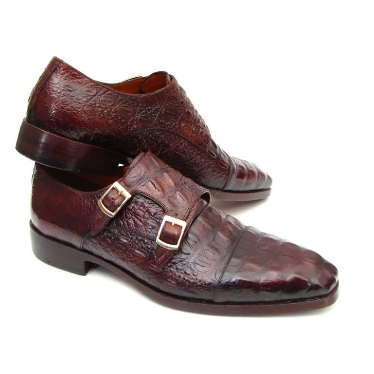 Store Paul Parkman Crocodile Embossed Double Monk Strap Shoes Bordeaux