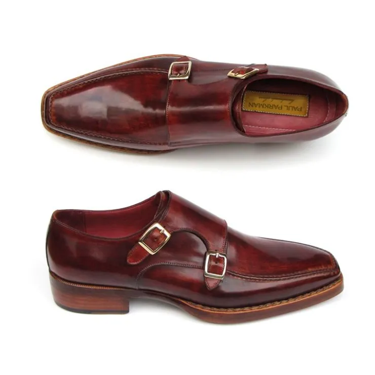 Shop Paul Parkman Double Monk Strap Shoes Bordeaux