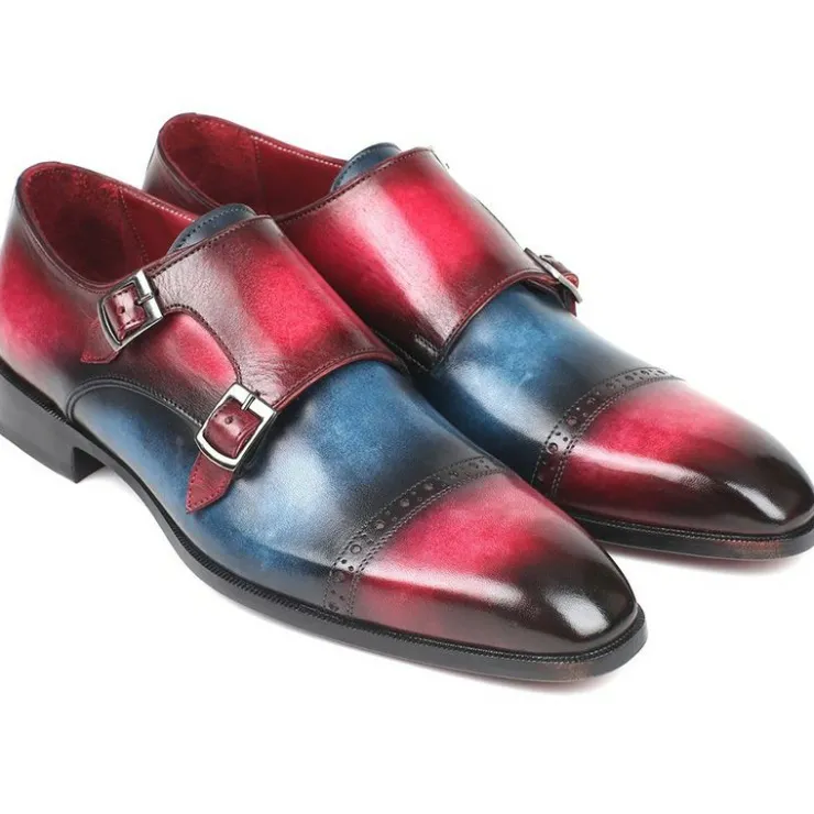 Discount Paul Parkman Leather Double Monk Strap Shoes Blue & Fuxia Blue/Fuxia