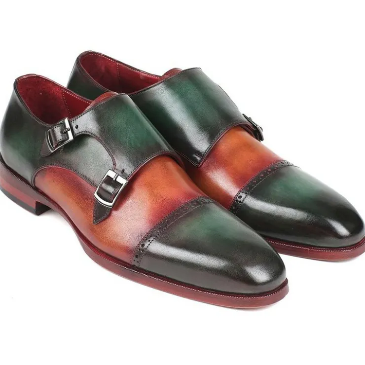 Outlet Paul Parkman Leather Double Monk Strap Shoes Green & Camel Green/Camel