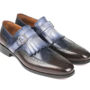 Cheap Paul Parkman Leather Monk Straps Blue & Brown Blue/Brown