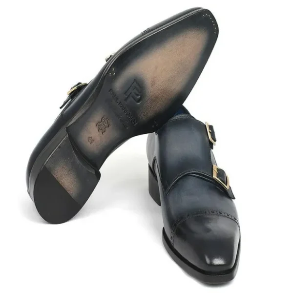 Shop Paul Parkman Leather Monk Strap Shoes Navy