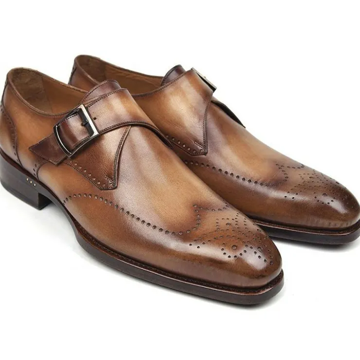 Cheap Paul Parkman Leather Single Monk Straps Wingtip Shoes Brown & Camel Brown/Camel