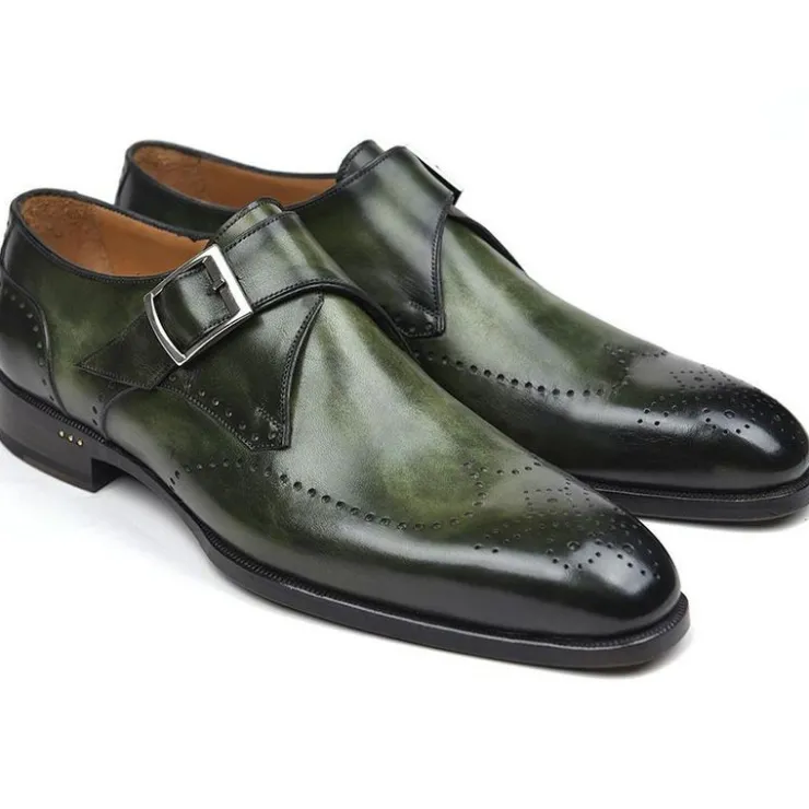 Clearance Paul Parkman Leather Single Monk Straps Wingtip Shoes Green