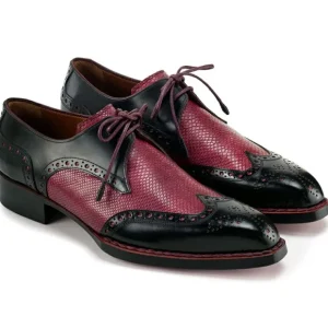 Clearance Paul Parkman Men's Hand-Welted Leather Wingtip Derby Shoes Black & Red Black&Red