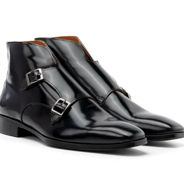 New Paul Parkman Polished Leather Double Monkstrap Ankle Boots Black