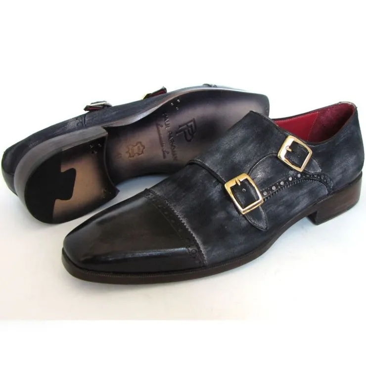 New Paul Parkman Suede & Calfskin Double Monk Strap Shoes Navy