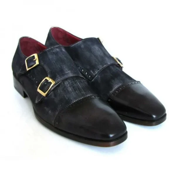 New Paul Parkman Suede & Calfskin Double Monk Strap Shoes Navy