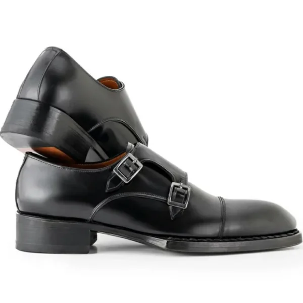 Best Sale Paul Parkman Triple Leather Sole Hand-Welted Cap Toe Monkstrap Black