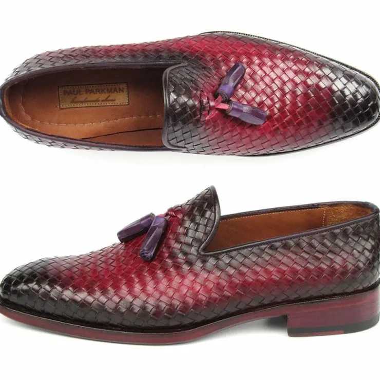 Clearance Paul Parkman Woven Leather Tassel Loafers Burgundy