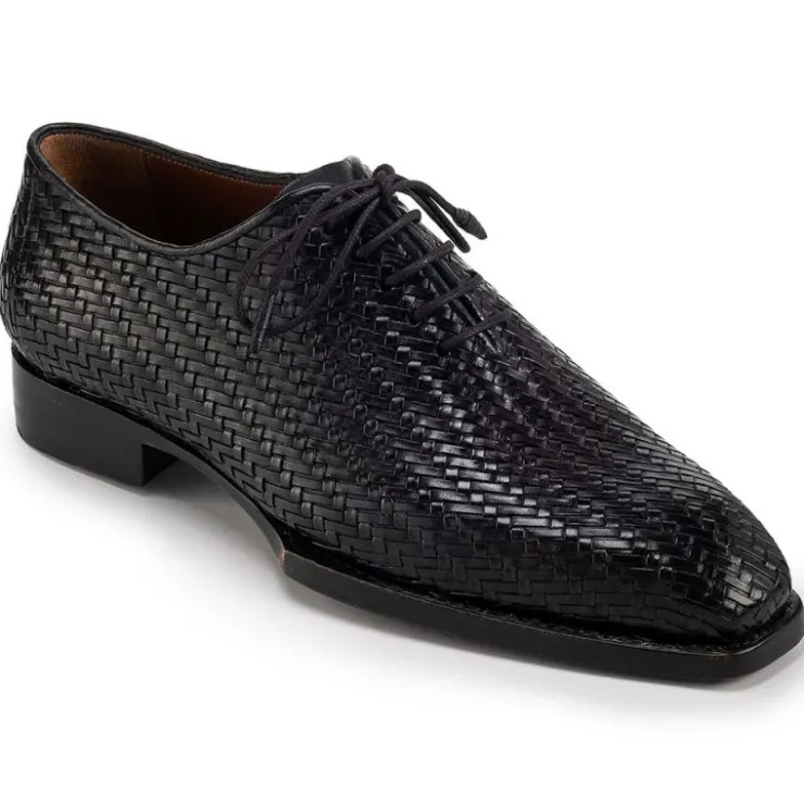 Shop Paul Parkman Woven Leather Hand-Welted Oxfords Black