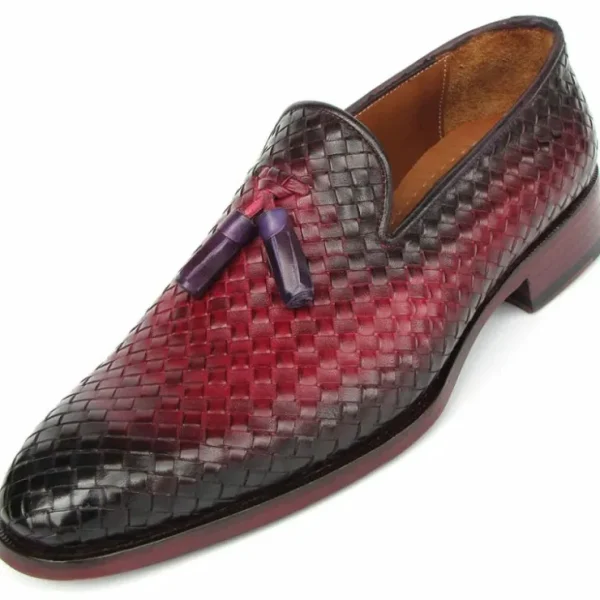 Clearance Paul Parkman Woven Leather Tassel Loafers Burgundy