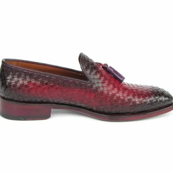 Clearance Paul Parkman Woven Leather Tassel Loafers Burgundy