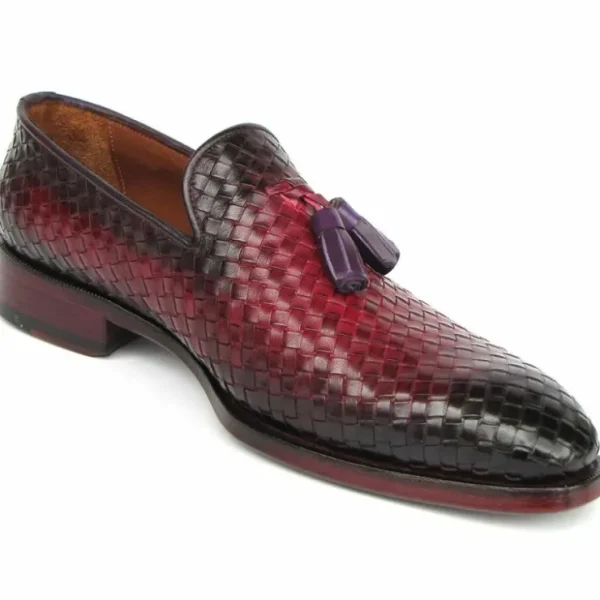 Clearance Paul Parkman Woven Leather Tassel Loafers Burgundy