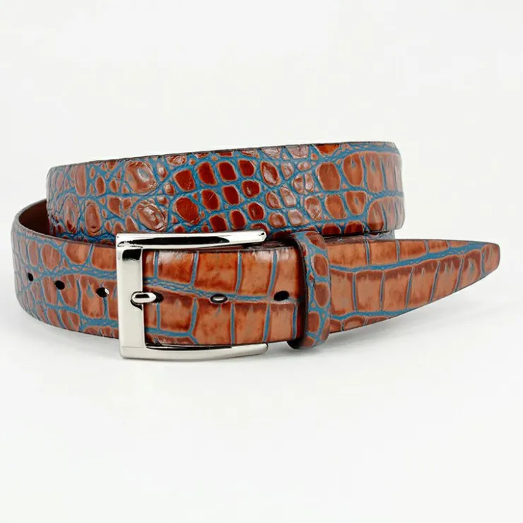Online Torino Leather Bi-Color Crocodile Embossed Calfskin Belt Tan / Blue