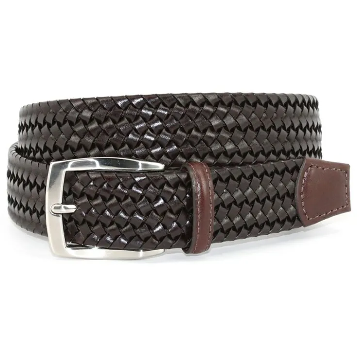 New Torino Leather Big & Tall Italian Woven Stretch Leather Belt Brown