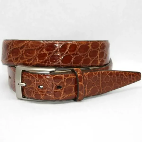 New Torino Leather Big & Tall Glazed South American Caiman Crocodile Belt - cognac