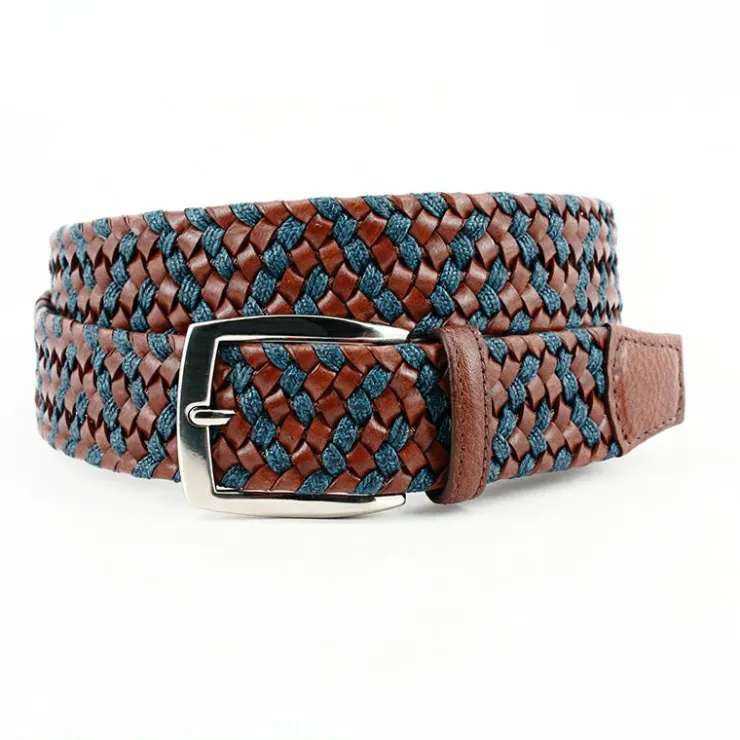 Online Torino Leather Big & Tall Italian Braided Leather Linen Elastic Belt Cognac Navy CognacNavy