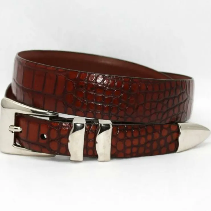 Best Sale Torino Leather Big & Tall Alligator Embossed Calf Belt Nickel Set - cognac