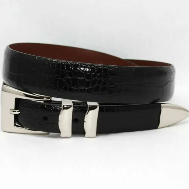 Clearance Torino Leather Big & Tall Alligator Embossed Calf Belt Nickel Set - black