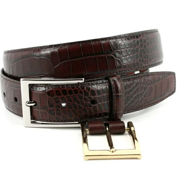 Best Sale Torino Leather Embossed Alligator Grain Calfskin Belt Brown