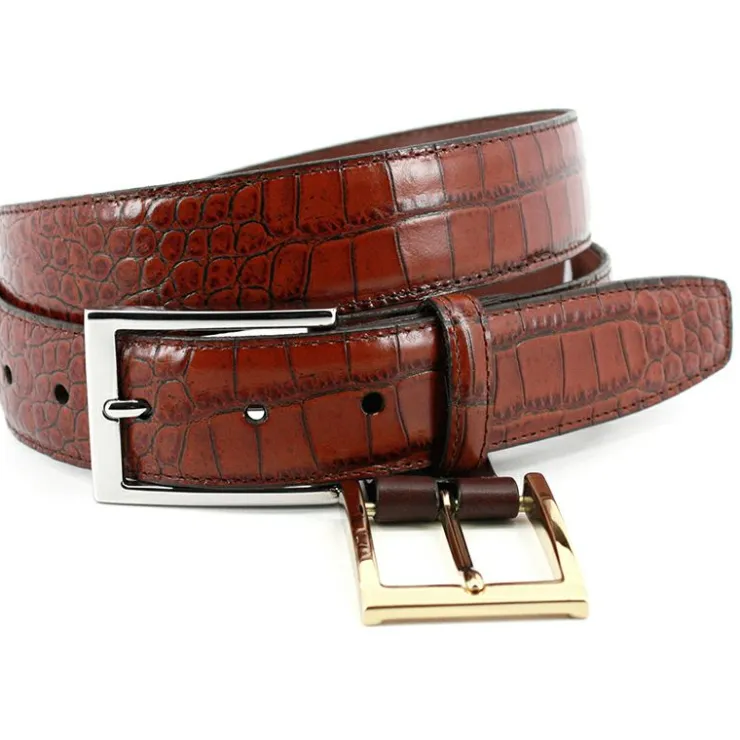 Cheap Torino Leather Embossed Alligator Grain Calfskin Belt Cognac