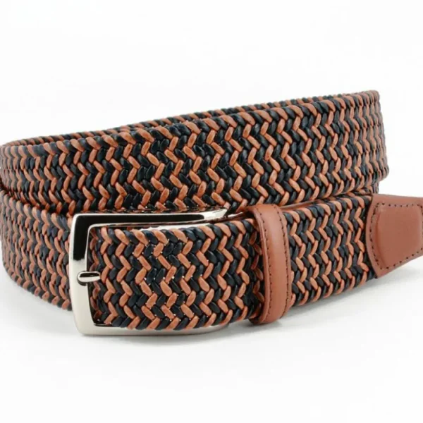 Online Torino Leather Italian Braided Stretch Leather Cording Belt Tan / Navy