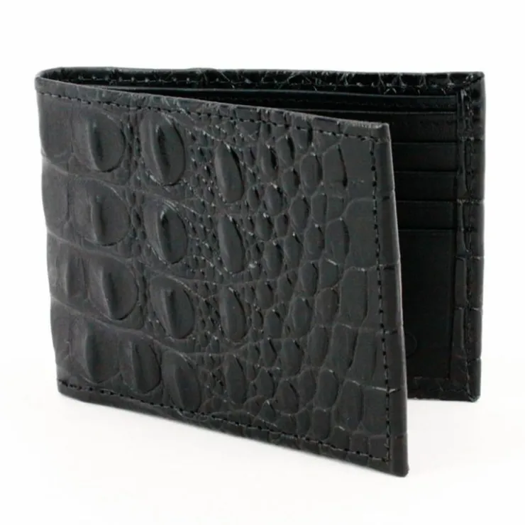 Clearance Torino Leather Italian Hornback Croc Calfskin Leather Billfold Wallet Black