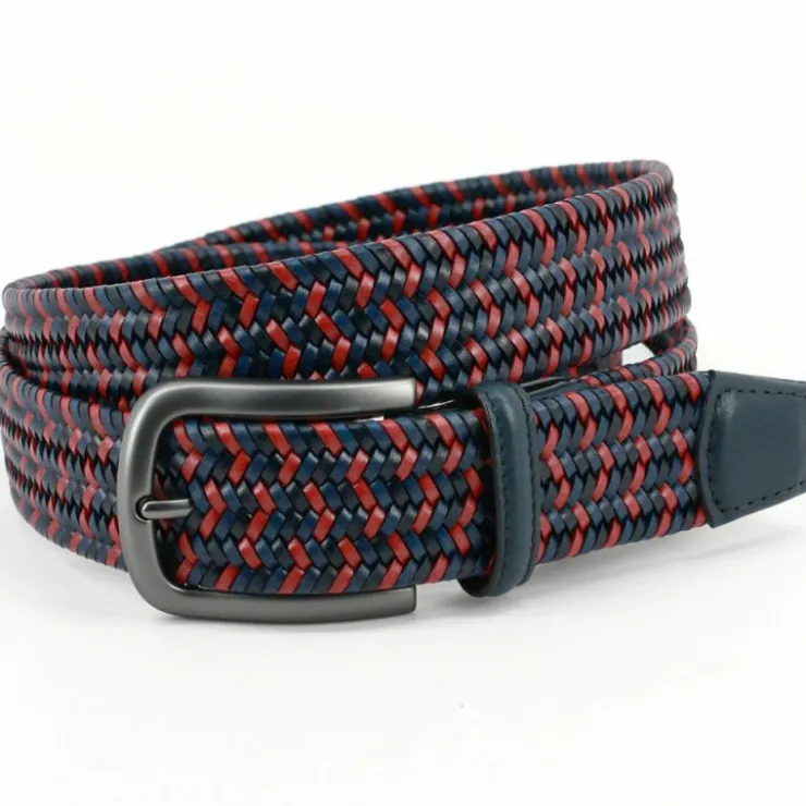 Outlet Torino Leather Italian Mini Strand Woven Stretch Leather Belt Navy Multi NavyMulti