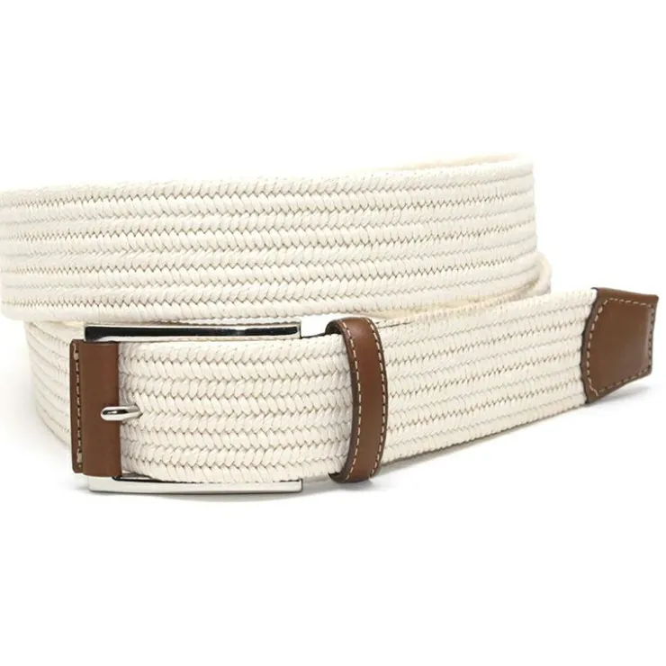 Best Torino Leather Italian Mini Woven Cotton Stretch Belt Cream