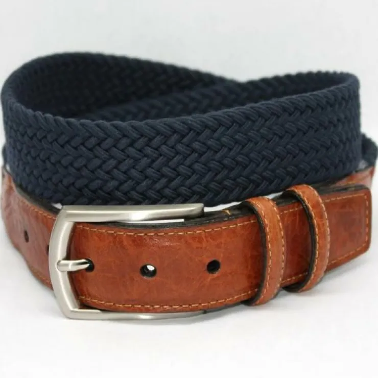 Best Torino Leather Italian Woven Cotton Elastic Belt - navy