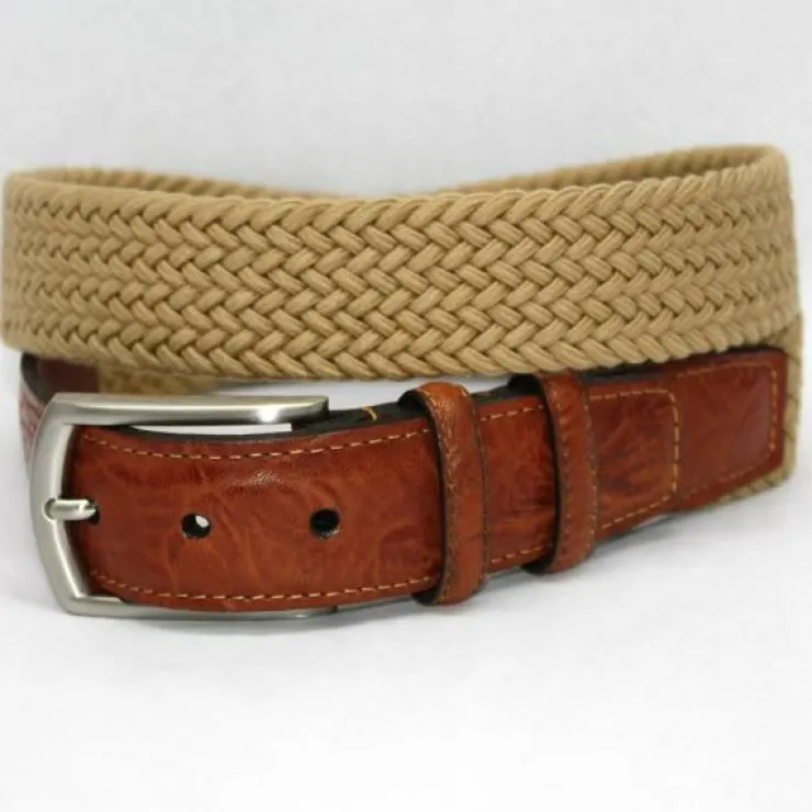 Store Torino Leather Italian Woven Cotton Elastic Belt - khaki