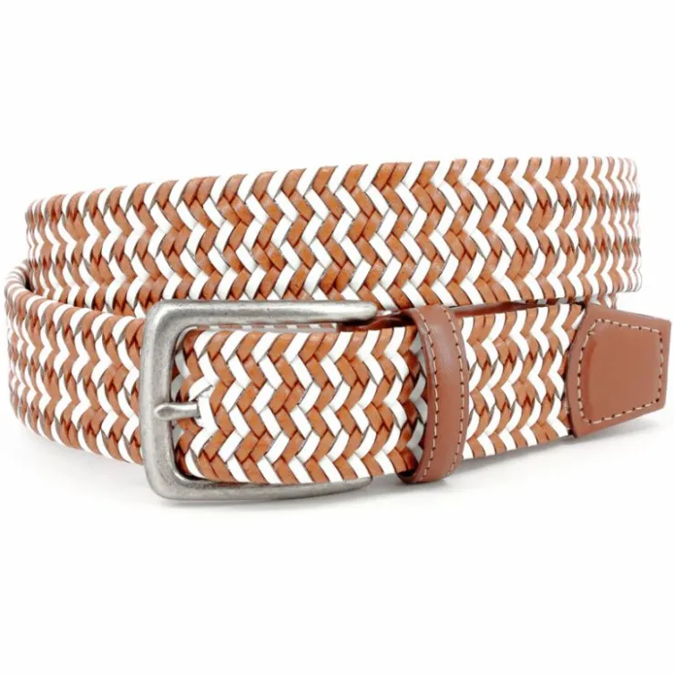 New Corrente Torino Leather Italian Woven Stretch Leather Belt White / Tan