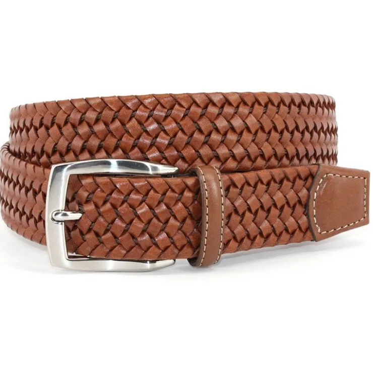 Fashion Torino Leather Italian Woven Stretch Leather Belt Cognac