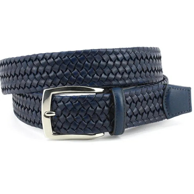 Sale Torino Leather Italian Woven Stretch Leather Belt Navy