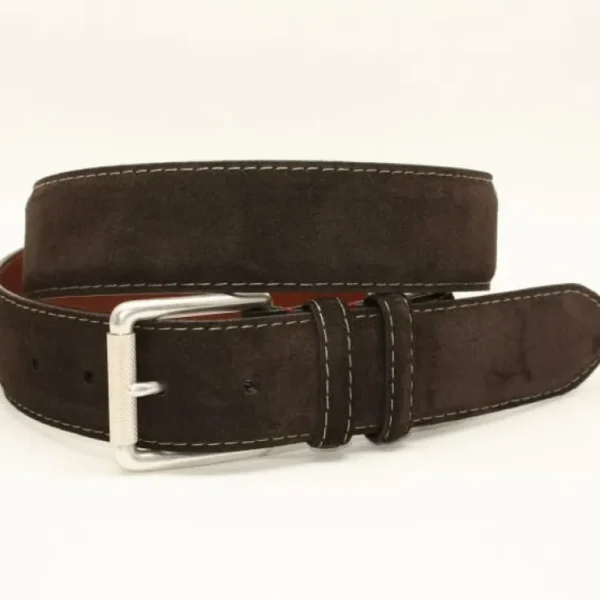 Online Torino Leather 38mm European Suede Contrast Stitch Belt - brown