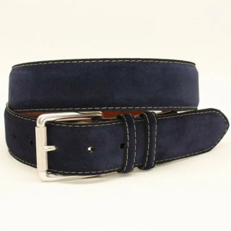 Best Torino Leather 38mm European Suede Contrast Stitch Belt - navy