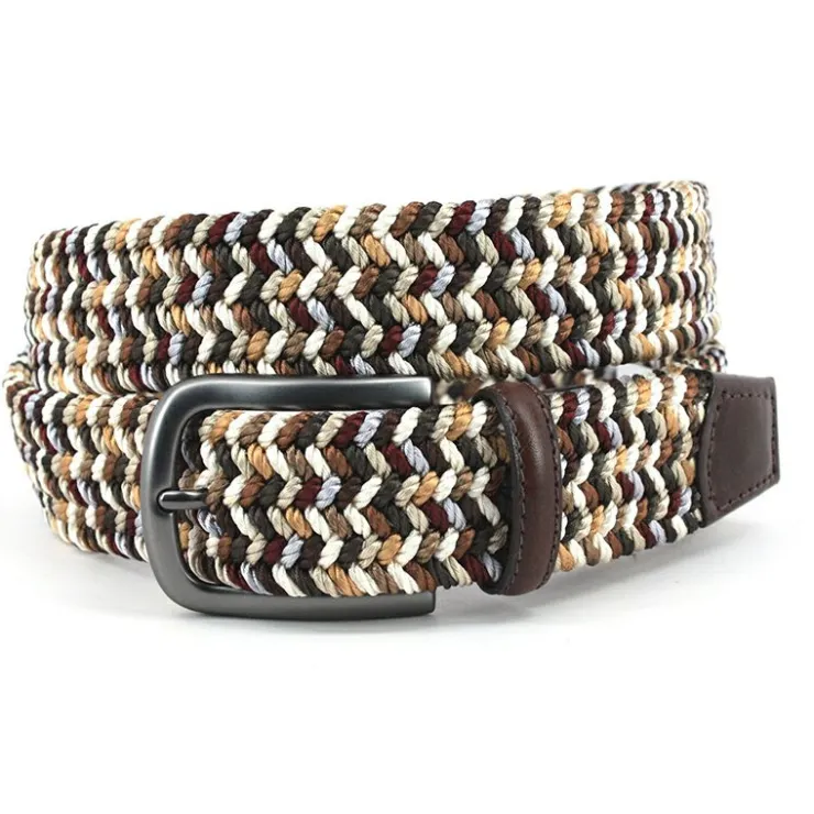 Best Torino Leather Woven Italian Rayon Elastic Belt Brown Camel BrownCamel