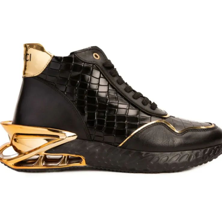 Outlet Vinci Leather Shoes Vinci Leather Bellagio Leather High-Top Sneaker Boot Black / Gold