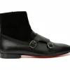 Clearance Vinci Leather Shoes Vinci Leather Preston Leather / Suede Double Monk Strap Ankle Boot (C-9058) Black