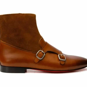 Clearance Vinci Leather Shoes Vinci Leather Preston Leather / Suede Double Monk Strap Ankle Boot (C-9058) Cognac