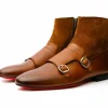 Clearance Vinci Leather Shoes Vinci Leather Preston Leather / Suede Double Monk Strap Ankle Boot (C-9058) Cognac