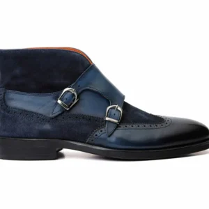 Sale Vinci Leather Shoes Vinci Leather The Albus Leather / Suede Double Strap Monk Brogue Boot (X-559 (549-12)) Navy