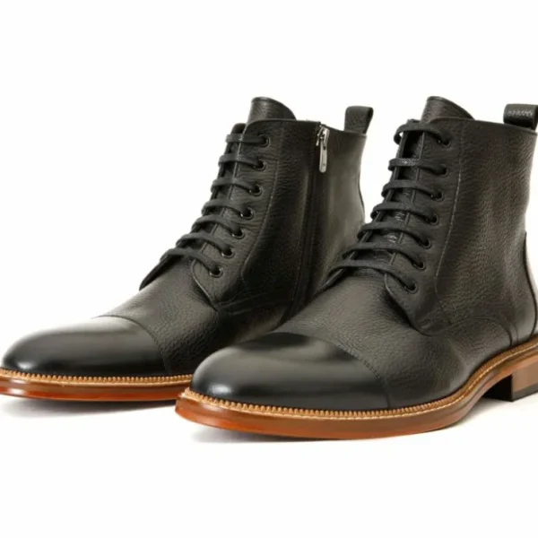 Clearance Vinci Leather Shoes Vinci Leather The Bothey Leather Cap-toe Lace-up Boot With A Zipper (14554) Black