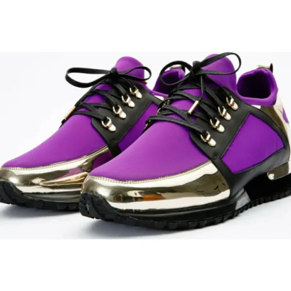 Online Vinci Leather Shoes Vinci Leather The Emir Gold / Purple Leather Sneaker For Men (D-529)