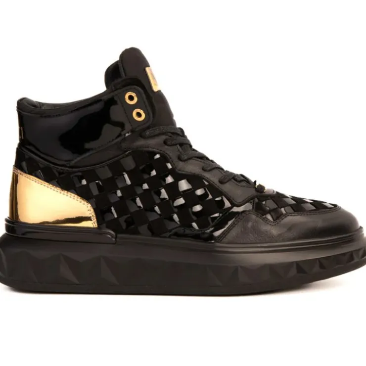 Discount Vinci Leather Shoes Vinci Leather The Eugene Woven Leather High-Top Sneaker Black / Gold