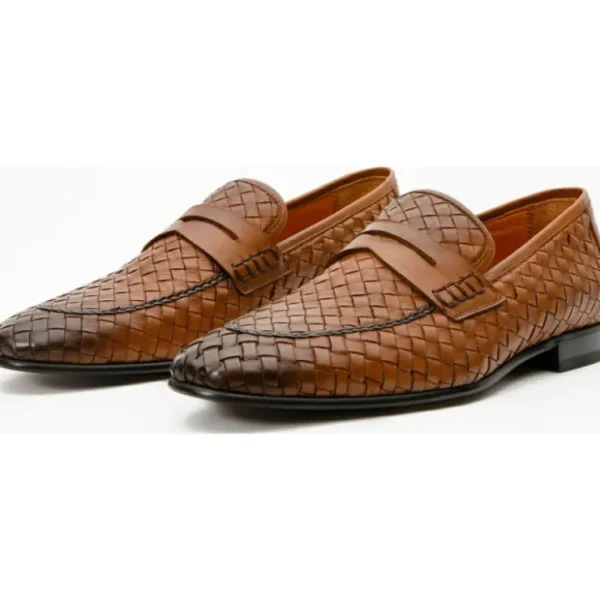 Discount Vinci Leather Shoes Vinci Leather The Grand Woven Leather Shoe Penny Loafer (11060) Brown