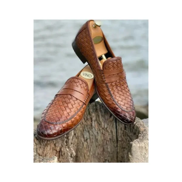 Discount Vinci Leather Shoes Vinci Leather The Grand Woven Leather Shoe Penny Loafer (11060) Brown