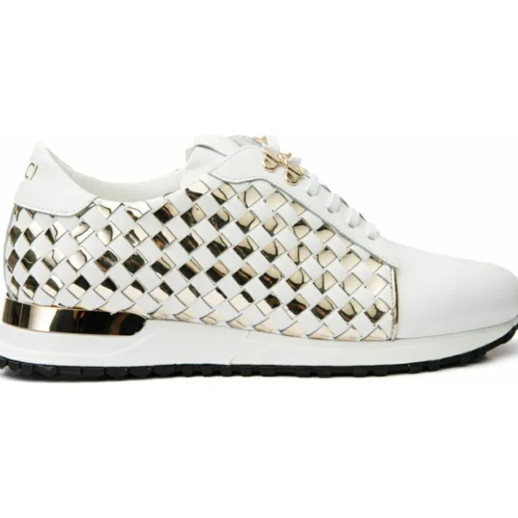 Discount Vinci Leather Shoes Vinci Leather The Mackenzie White / Gold Woven Leather Sneaker (D-521)