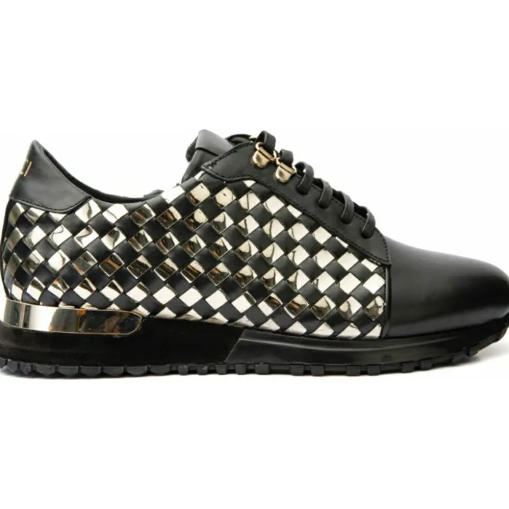 Cheap Vinci Leather Shoes Vinci Leather The Mackenzie Black / Gold Woven Leather Sneaker (D-521)